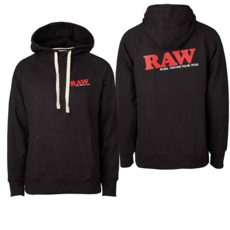 Sort RAW Logo hættetrøje med rødt RAW-logo på brystet og hætte med snører