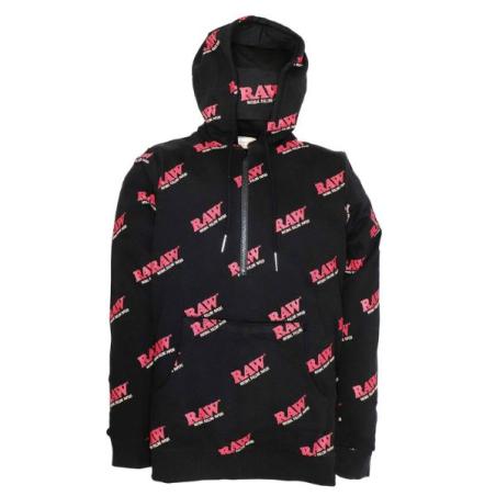 Sort RAW RAWlers hoodie med røde RAW-logoer på hele trøjen, set forfra – billede 2