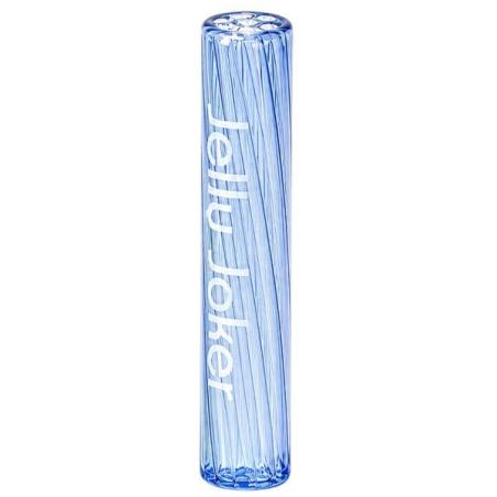 Blåt glas jointrør fra Jelly Joker med spiralmønster og hvidt logo